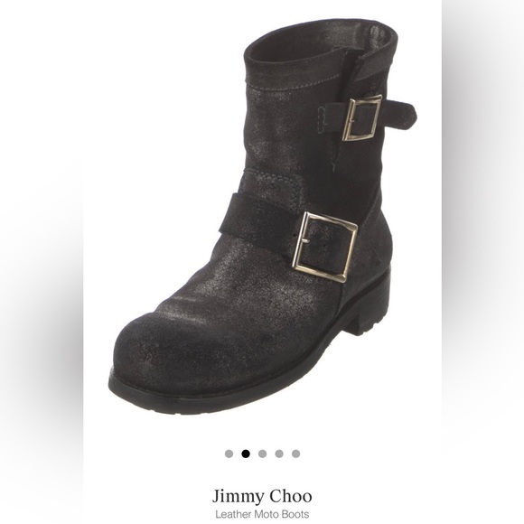 Jimmy Choo, black with a silver shimmer leather combat boots - Picture 6 of 8